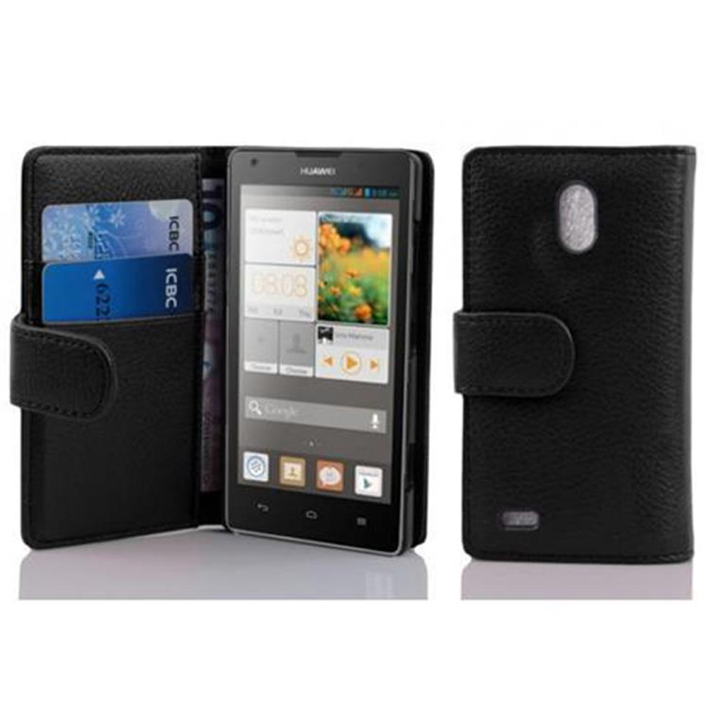 Funda de teléfono negra. El teléfono está abierto. La pantalla del teléfono está encendida. Teléfono negro con iconos coloridos.