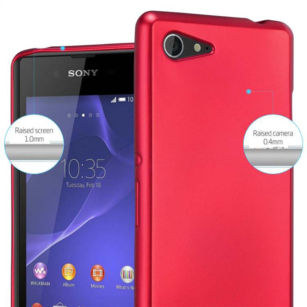 Una funda roja para teléfono con un teléfono dentro. La funda tiene una pantalla y cámara elevadas. El teléfono está encendido.