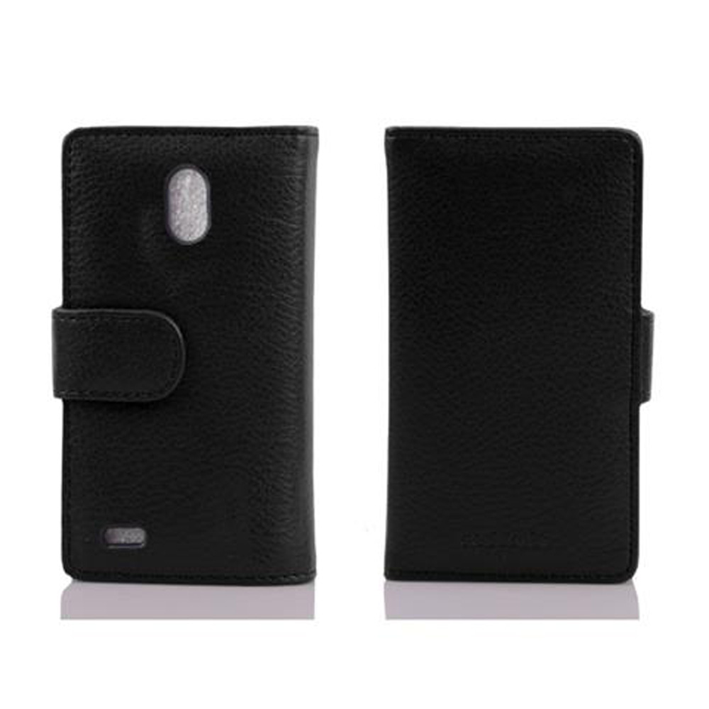 Funda negra para teléfono abierta. Teléfono dentro. Color negro.