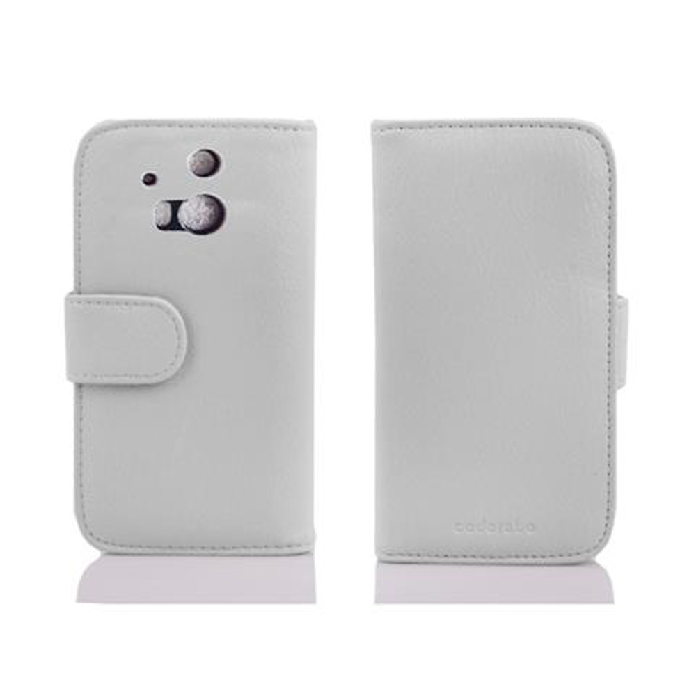 Una custodia per telefono bianca, vista anteriore e posteriore, con chiusura magnetica.