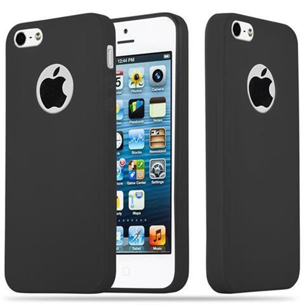 Dos fundas negras para teléfono. Una con teléfono dentro y la otra vacía. Un teléfono blanco con logo de Apple negro.