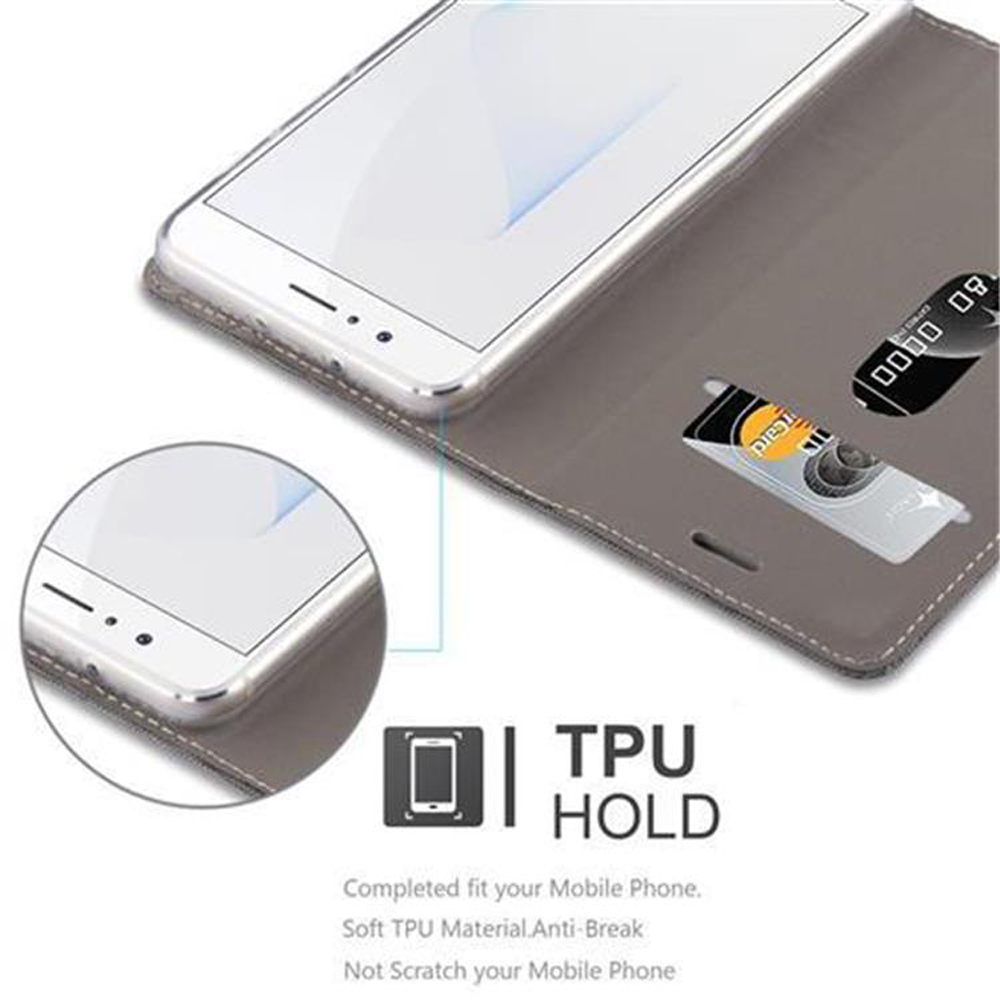 Telefon in grauer Hülle mit Kreditkarten. Nahaufnahme zeigt Details des Telefons.
