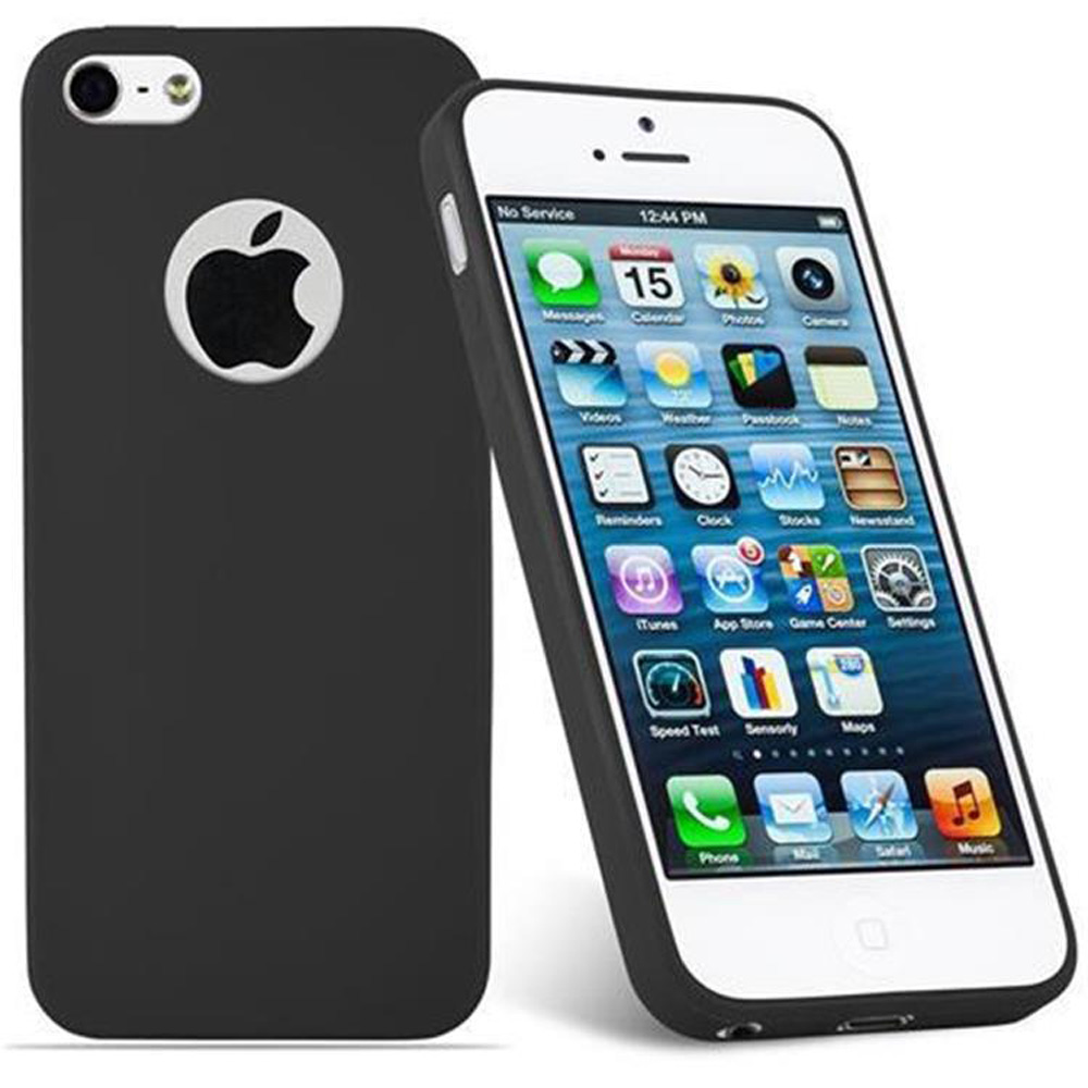 Una funda de teléfono negra con el logo de Apple y el teléfono con pantalla blanca de lado.