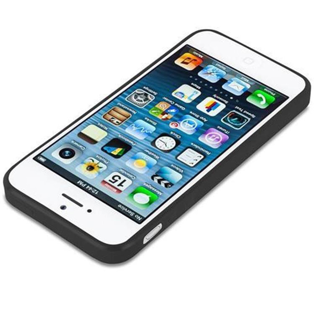 iPhone blanco en funda negra, mostrando iconos de aplicaciones.