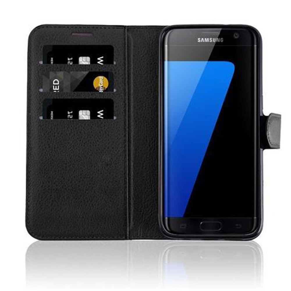 Schwarze Handyhülle mit Samsung-Handy und Kreditkartenfächern. Das Telefon zeigt einen blau-schwarzen Bildschirm.