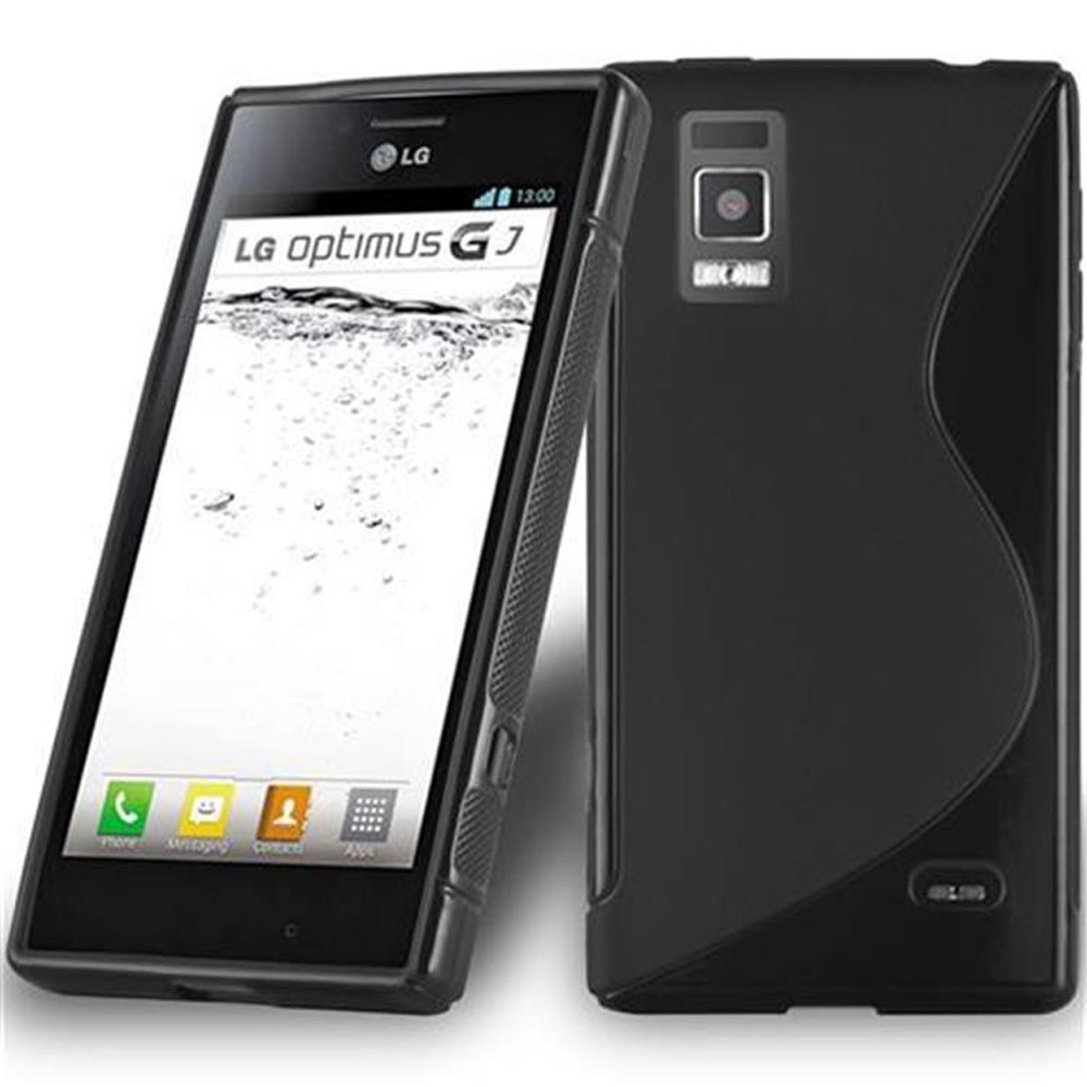 Telefono nero con schermo acceso, che mostra LG Optimus G J, e una custodia nera.