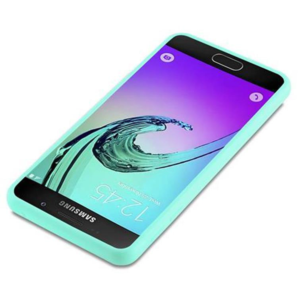 Un telefono in una custodia verde menta. Lo schermo mostra uno sfondo colorato.