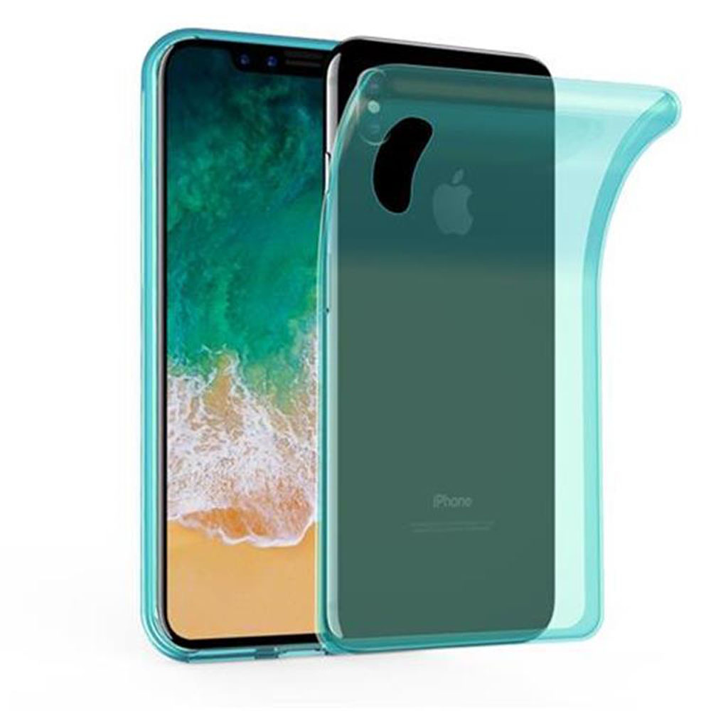 Una custodia trasparente per telefono su un telefono. Il telefono ha un retro verde scuro e una custodia trasparente.
