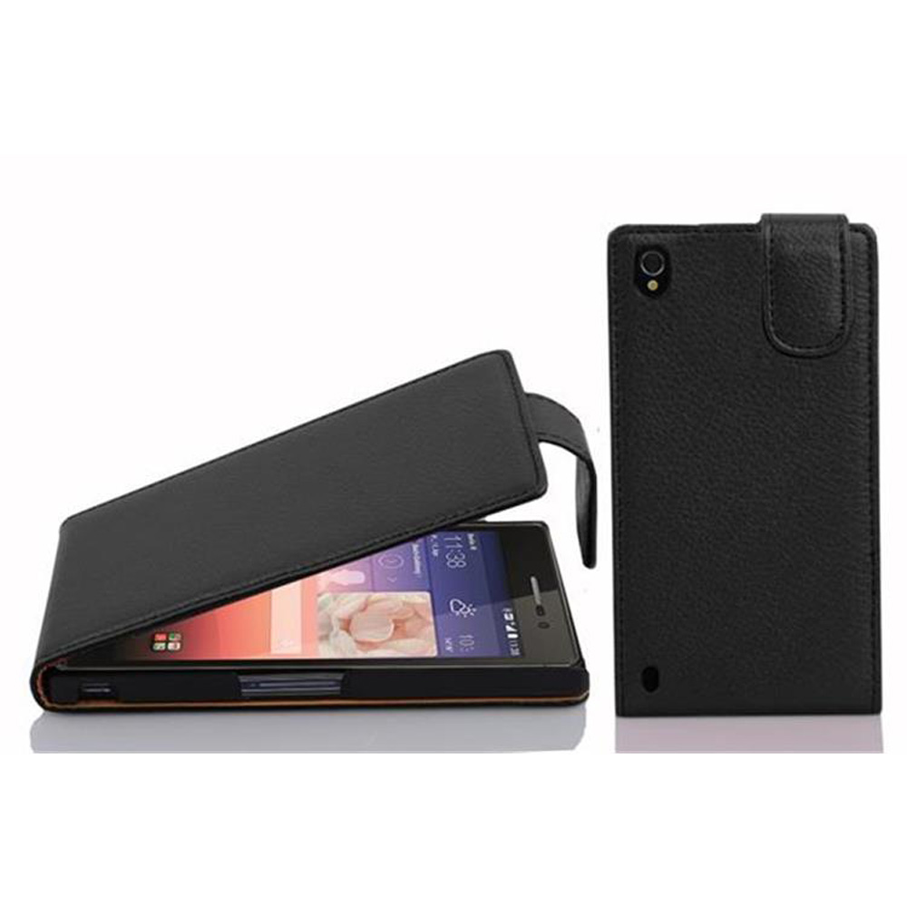 Un teléfono negro está dentro de una funda negra para teléfono. La funda está abierta. El fondo es blanco.