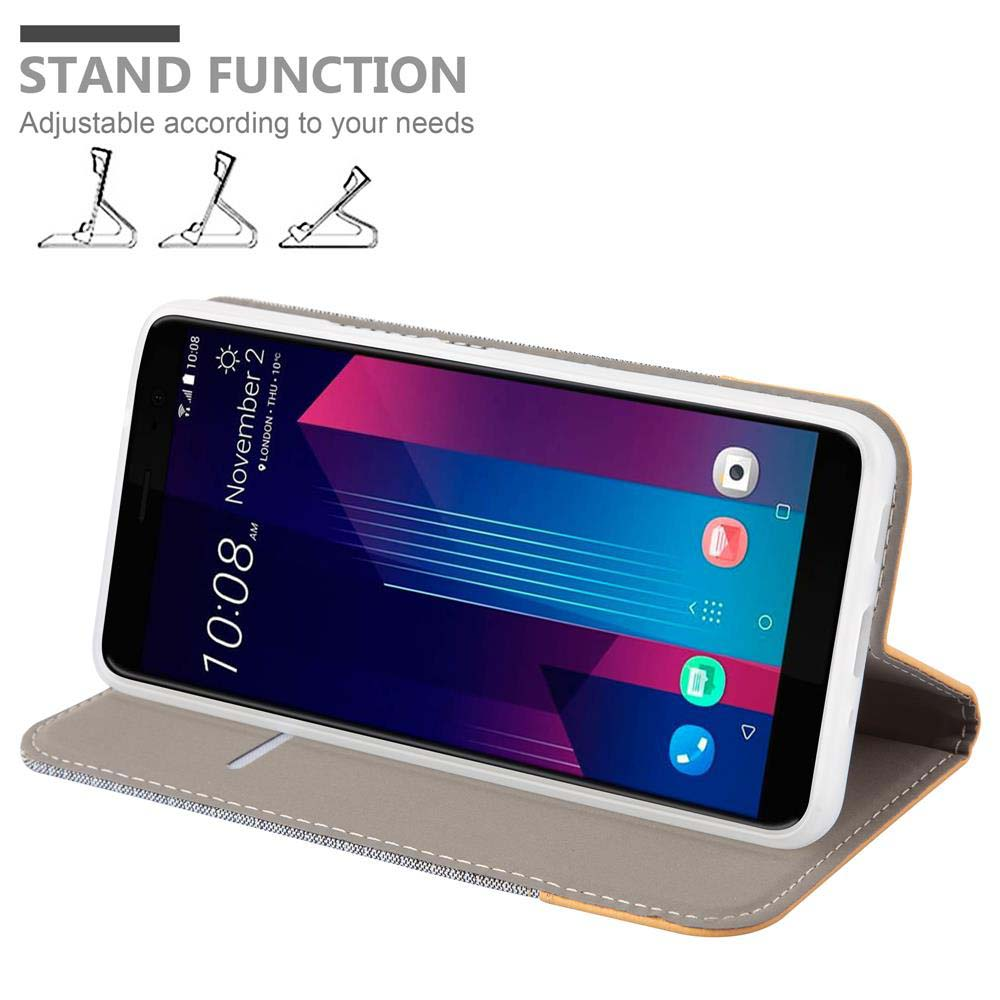 Ein Telefon in einer Hülle mit Standfunktion, das die Zeit anzeigt.