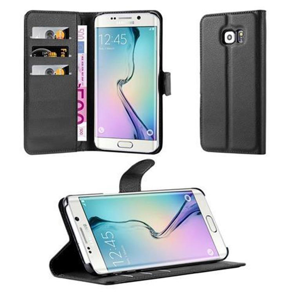 Custodia nera per telefono con carte e un telefono. Il telefono mostra l'ora. La custodia è aperta e chiusa.