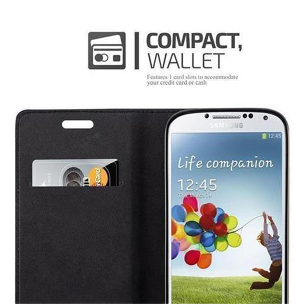 Teléfono en una funda tipo cartera. El teléfono muestra una imagen colorida.