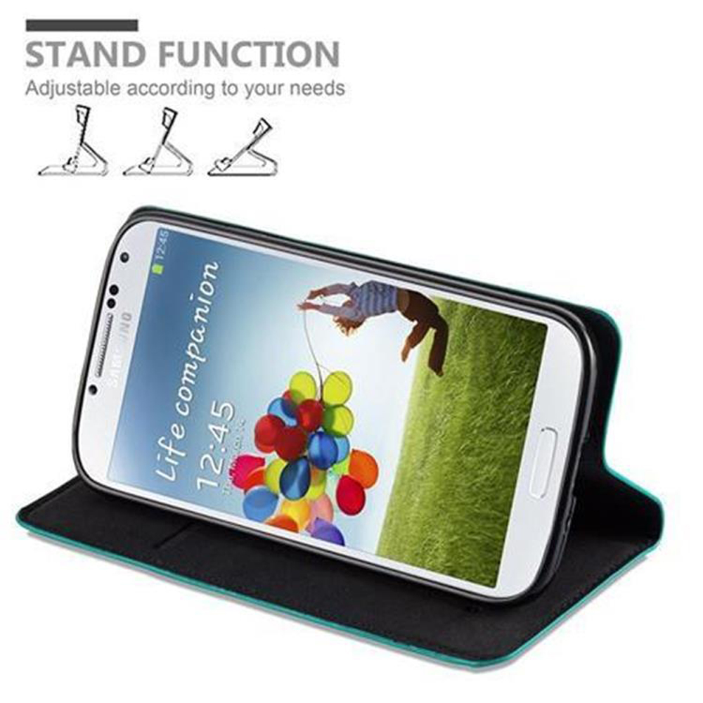 Teléfono en una funda, de pie. Una pantalla muestra a una persona saltando en paracaídas con el texto Life Companion.