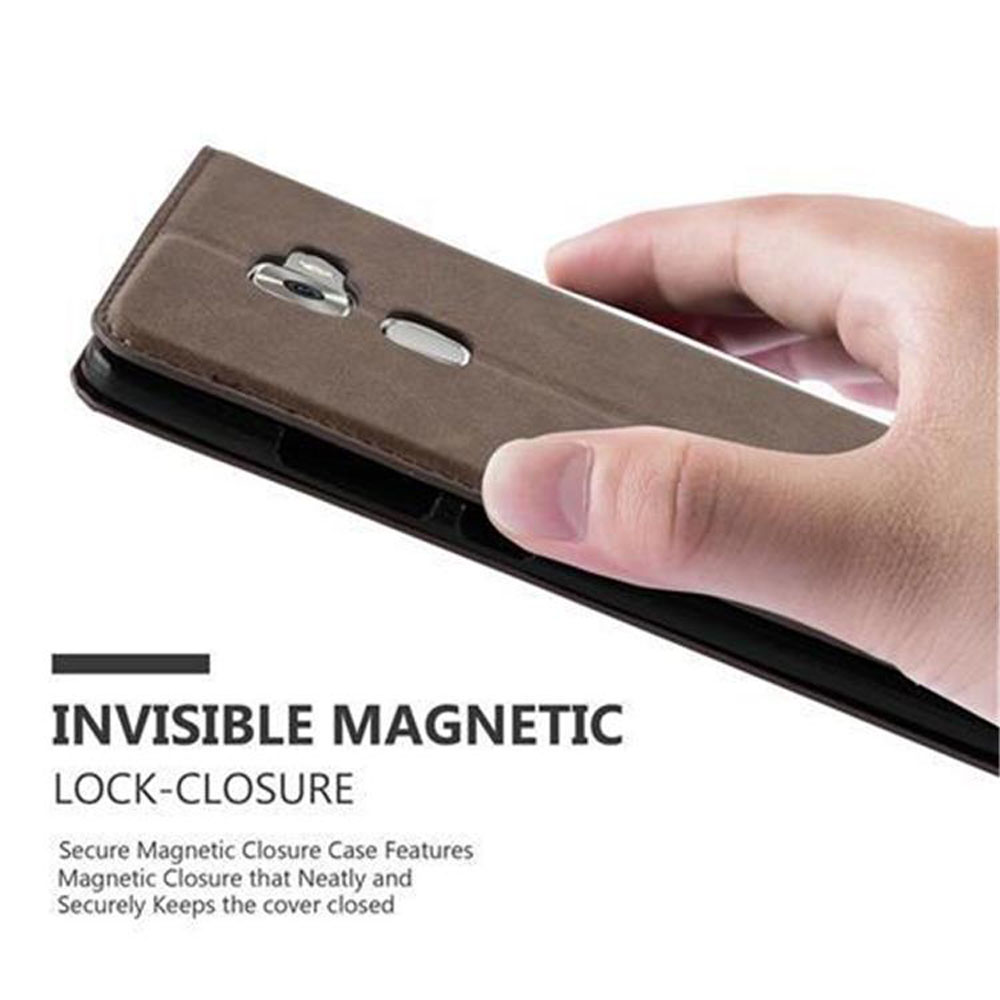 Eine Hand hält eine braune Handyhülle. Der Text auf dem Bildschirm lautet 'Invisible Magnetic Lock-Closure'.