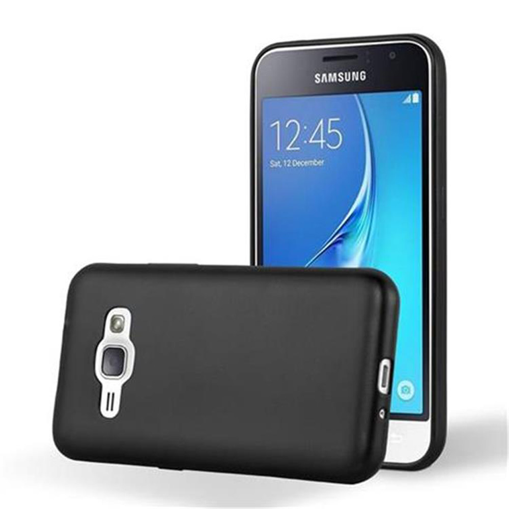 Funda y teléfono negros. El teléfono negro muestra la hora 12:45. Fondo blanco.
