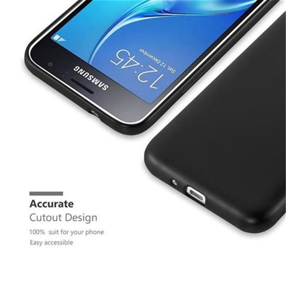 Teléfono negro con funda, mostrando la pantalla. Texto: Diseño de corte preciso. Primer plano. Blanco.