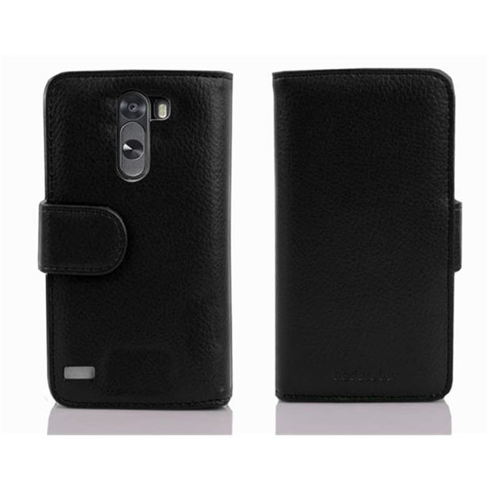 Custodia nera per telefono, aperta e chiusa. La custodia aperta mostra la fotocamera e il flash.
