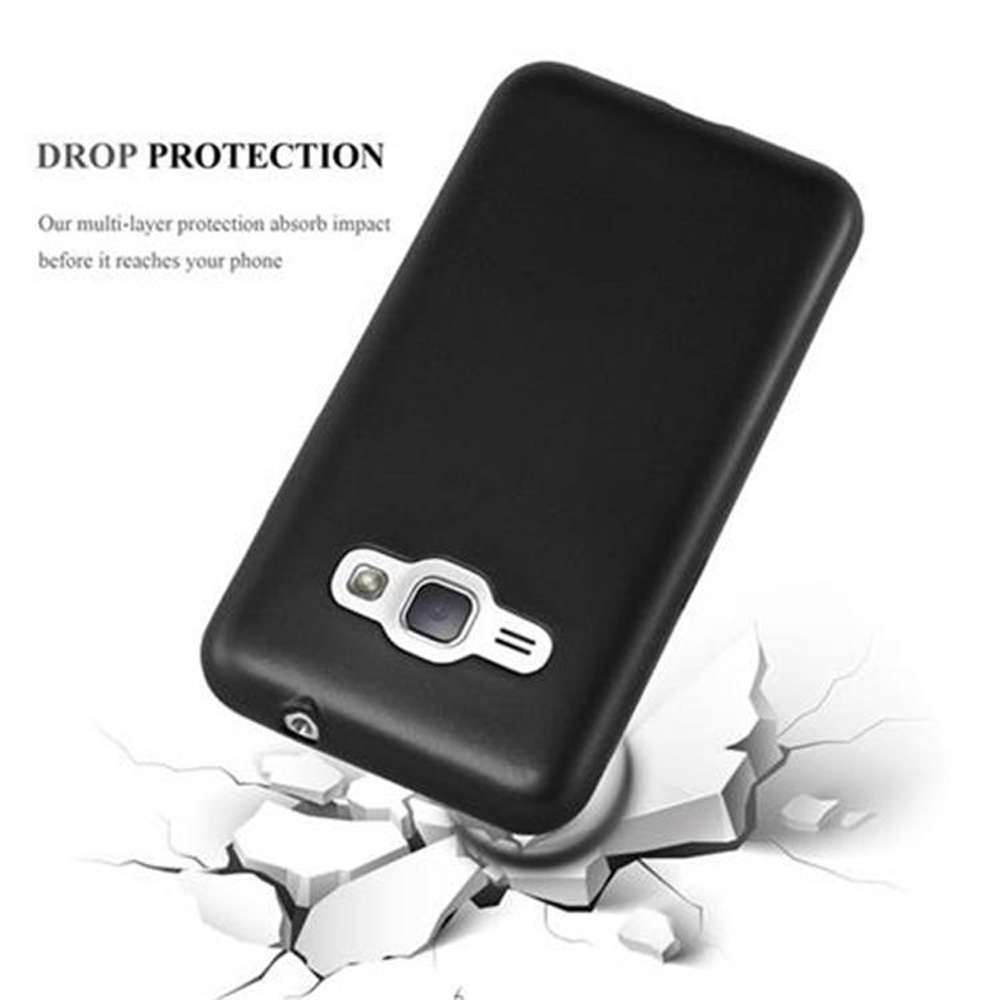 Teléfono negro en una funda. El teléfono está sobre suelo agrietado. Texto: Protección contra caídas.