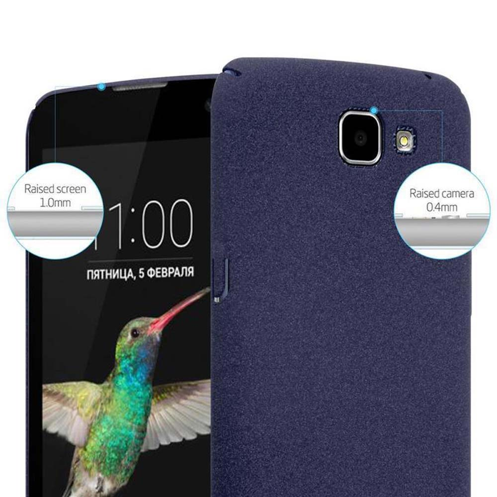 Ein Telefon in einer Hülle mit erhöhtem Bildschirm und Kamera. Die Uhrzeit ist 1:00. Blaue Farbe ist sichtbar.