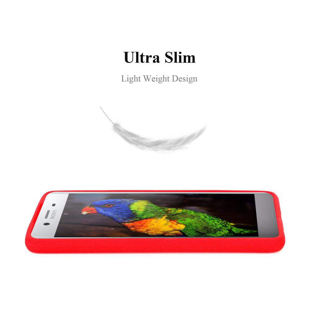 Custodia rossa per telefono con una grafica a piuma leggera. Il design sottile e leggero è evidenziato.