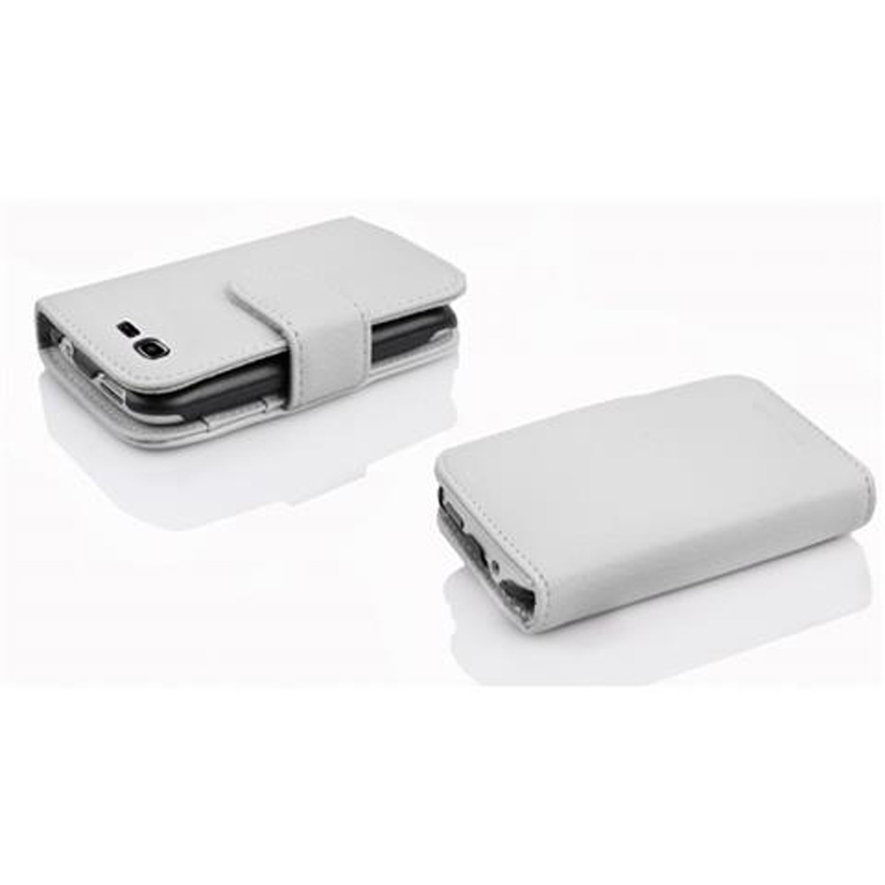 Funda de teléfono blanca, abierta y cerrada. La funda del teléfono se muestra por separado, con el teléfono dentro.