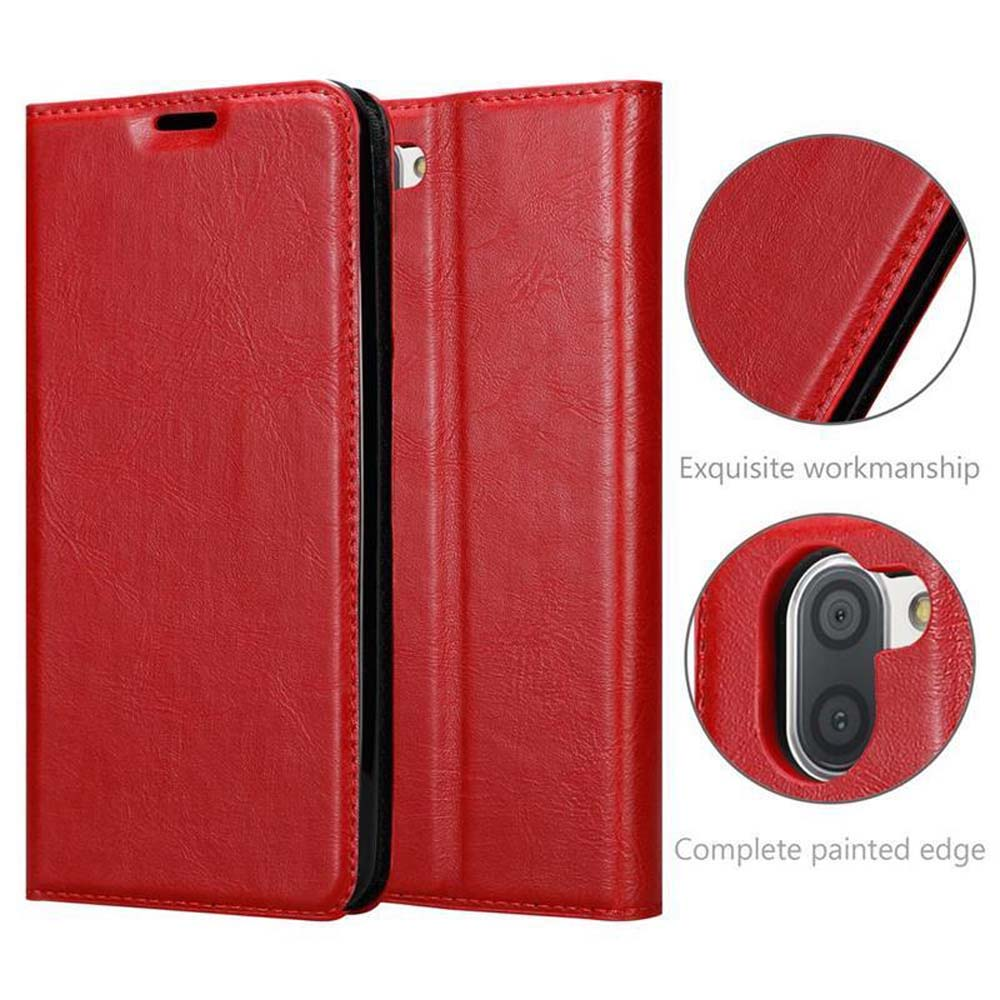 Custodia per telefono in pelle rossa con squisiti dettagli di lavorazione. Bordo verniciato completo mostrato.