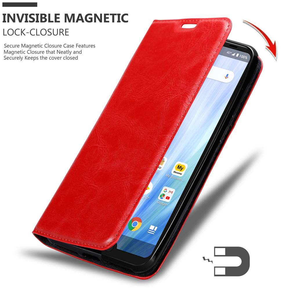 Una custodia per telefono rossa con un telefono dentro. La custodia è aperta, lo schermo del telefono è visibile.