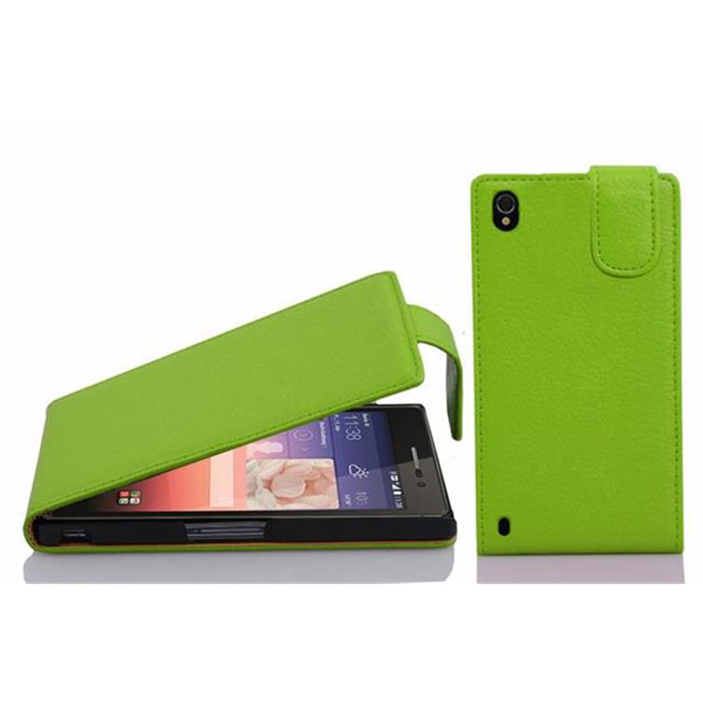 Funda verde de teléfono abierta con teléfono dentro. Otra funda verde cerrada de pie.