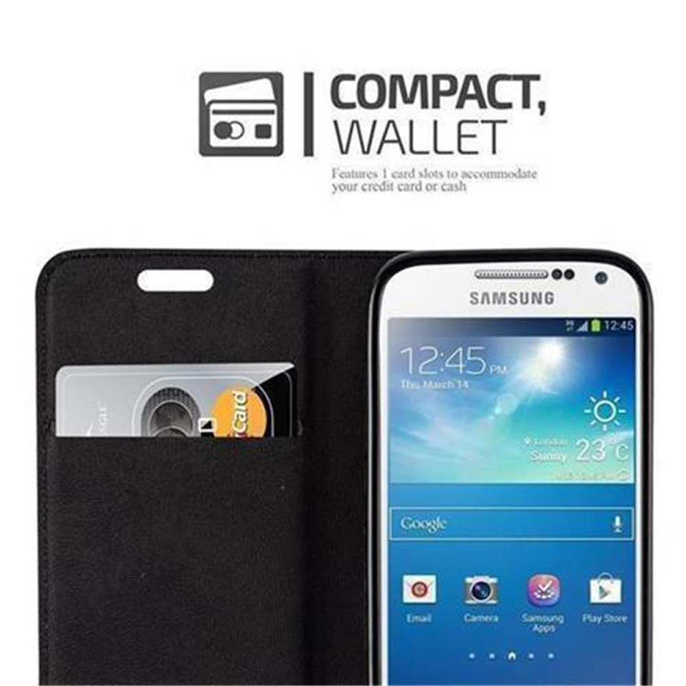 Schwarzes Geldbörsenetui mit Telefon und Karte. Text: COMPACT, WALLET. Telefon zeigt Zeit und Apps.