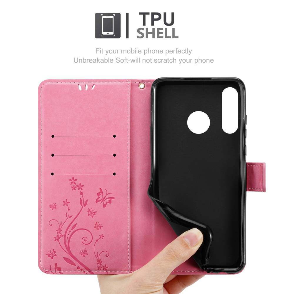 Primo piano di una custodia rosa per telefono con interno nero e design floreale.