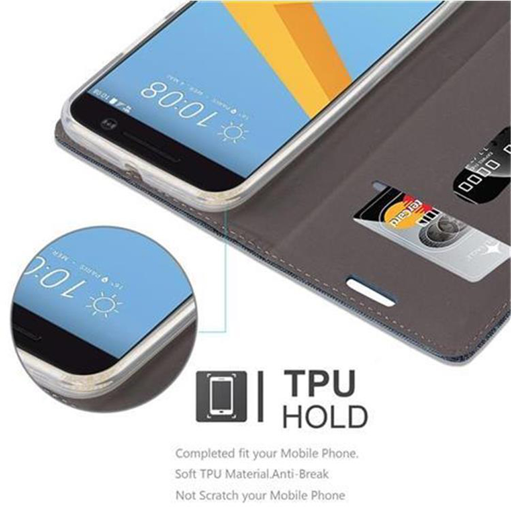 Telefono all'interno di una custodia con fessure per carte di credito, che mostra un orologio e le funzionalità di supporto in TPU.