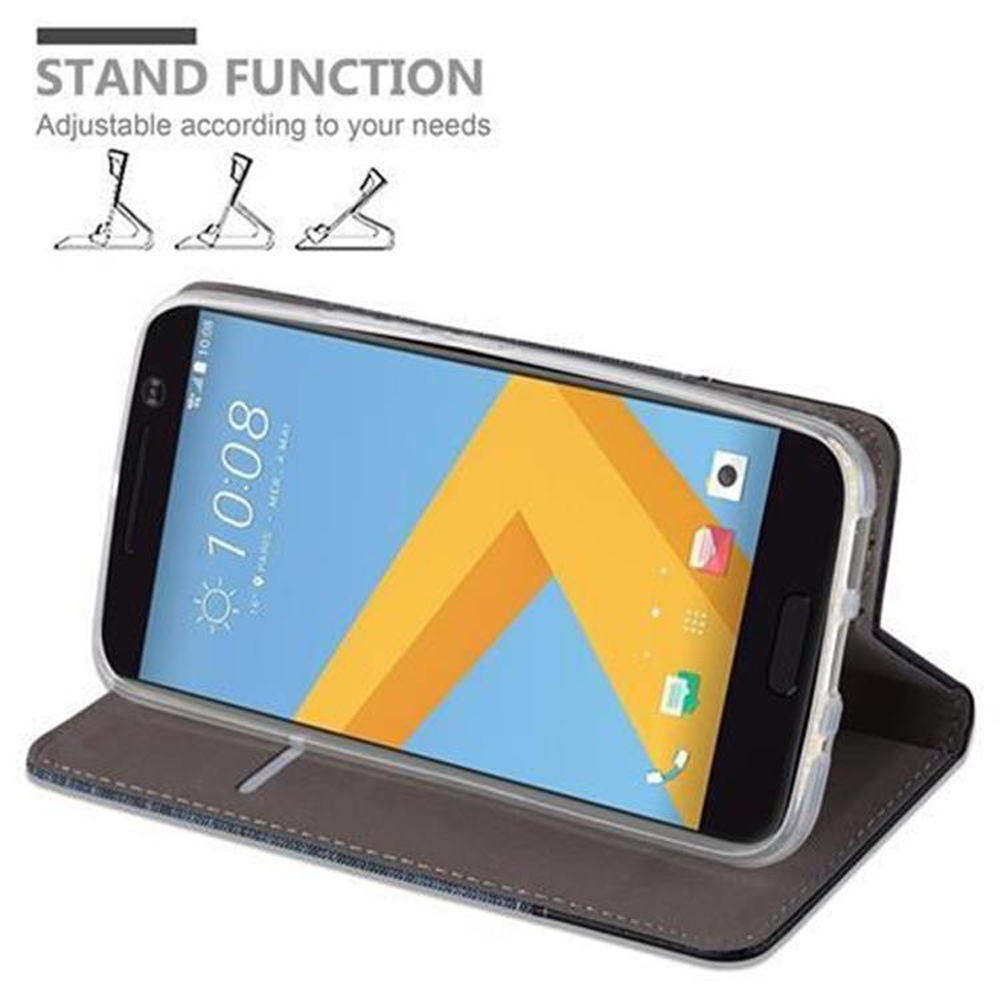 Un telefono in una custodia a libro, aperto in posizione di supporto, con testo sulla funzione stand.