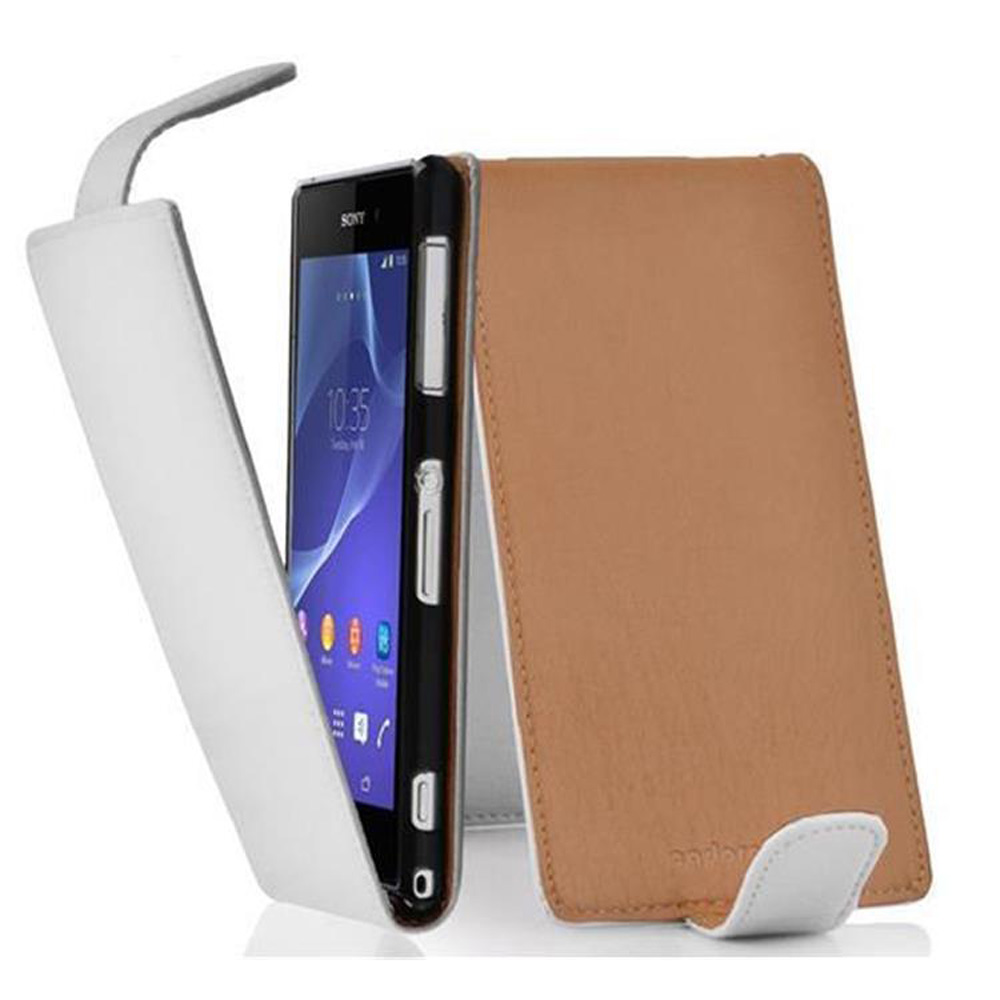 Funda para teléfono con un teléfono. La funda es marrón claro y blanca. El teléfono es negro y tiene una pantalla visible.