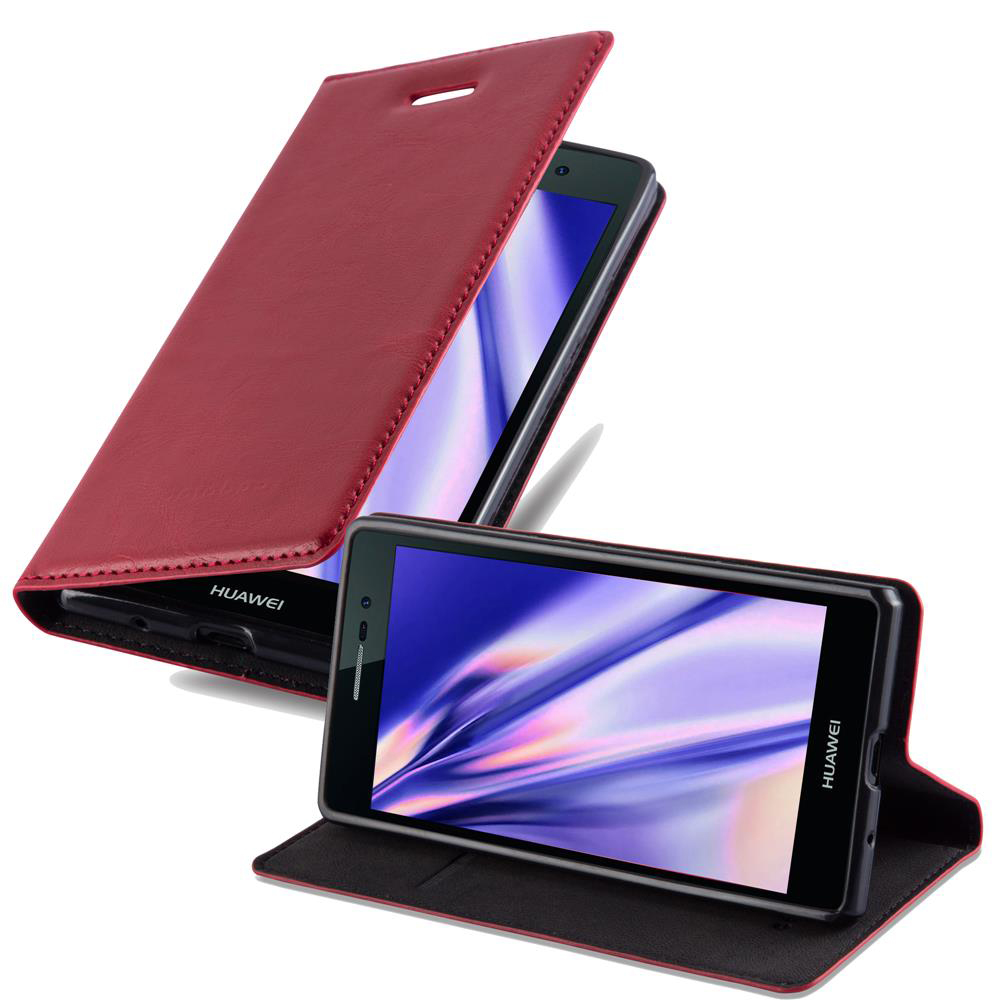 Funda de teléfono roja con tapa abierta, mostrando una pantalla. Otro teléfono está abierto abajo. Fondo blanco.