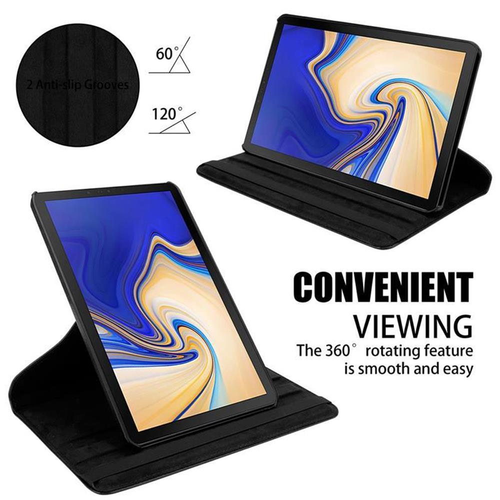 Ein Tablet in einer schwarzen Hülle, verschiedene Winkel zeigend. Tablet in günstiger Position.