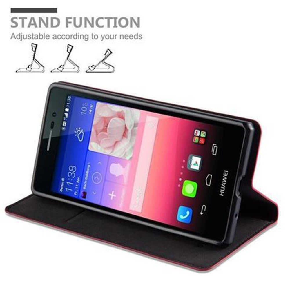 Teléfono negro en una funda negra y roja, mostrando la hora. Función de soporte con soporte ajustable.