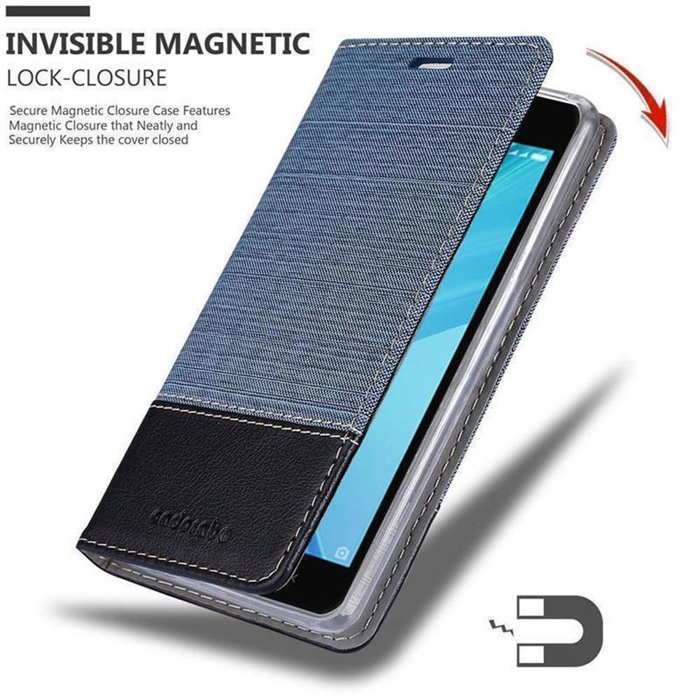 Telefono in custodia blu con coperchio aperto. Simbolo magnete mostra chiusura magnetica.