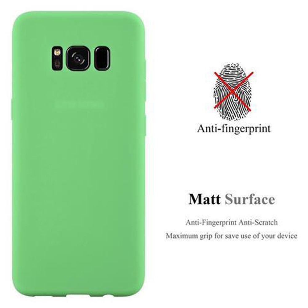 Custodia verde per telefono. Testo: Anti-impronta e superficie opaca.