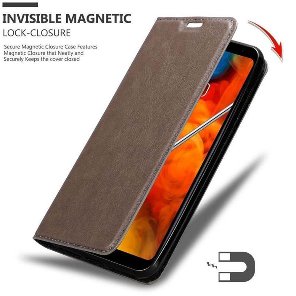 Custodia marrone con telefono dentro. Testo: INVISIBLE MAGNETIC LOCK-CLOSURE.