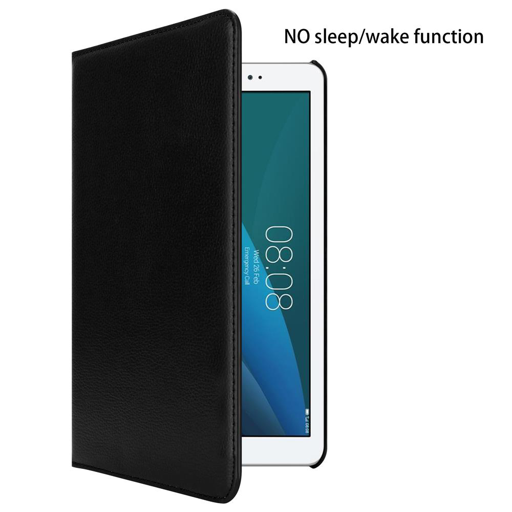 Una funda de tableta negra abierta, con la pantalla de la tableta que muestra la hora. El fondo es blanco.