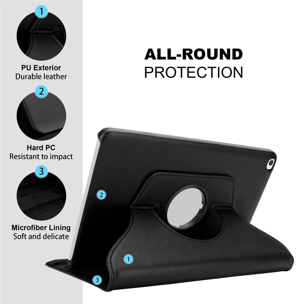 Funda negra para tablet con función de soporte y partes etiquetadas, mostrando cuero PU, PC duro y microfibra.