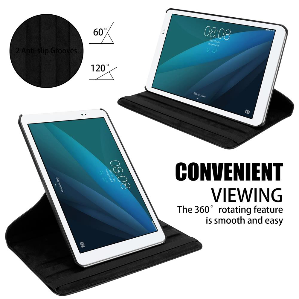Tabletas en fundas negras. Una abierta y en ángulo, la otra cerrada. El texto resalta la visualización cómoda.