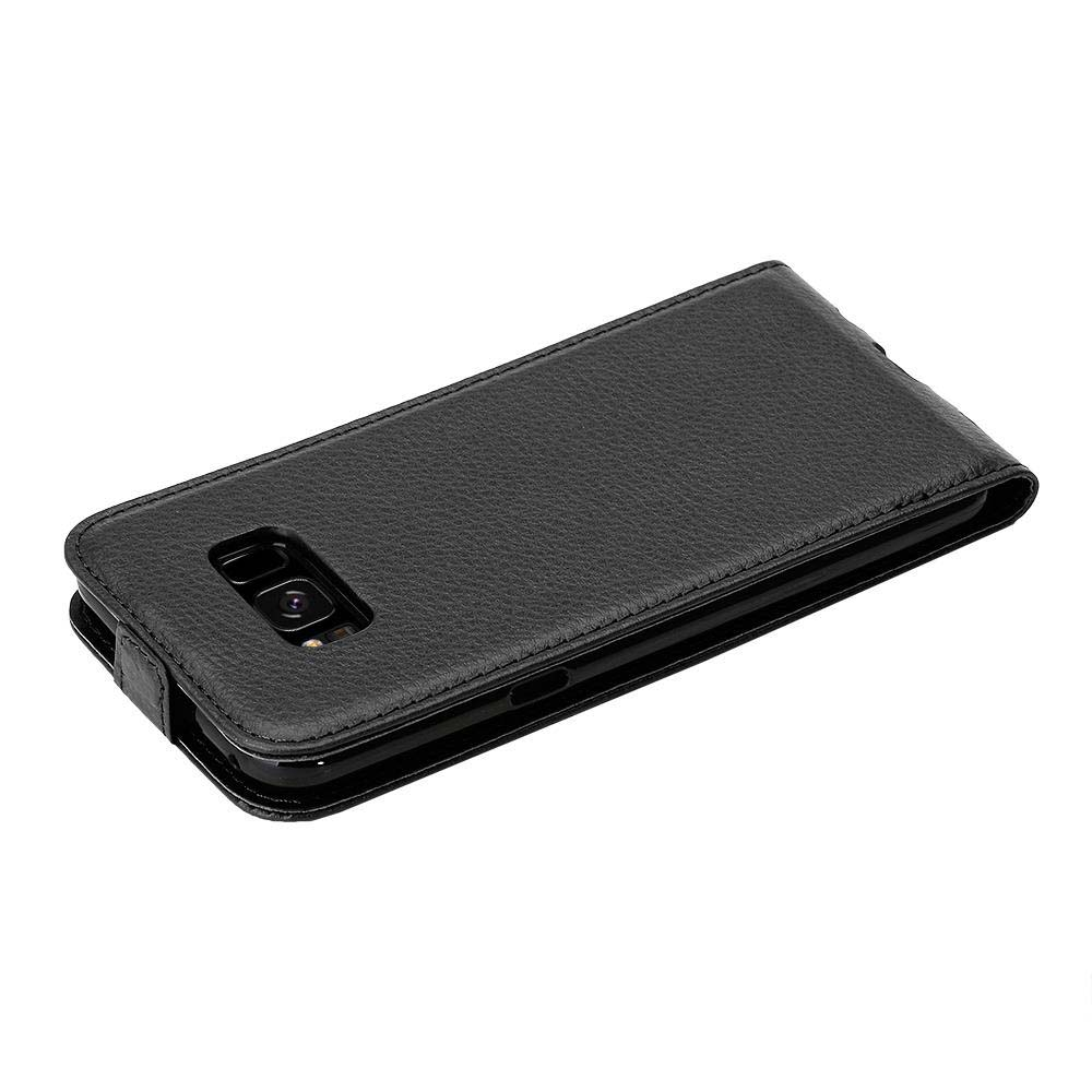 Custodia per telefono nera, telefono all'interno. La custodia è chiusa, mostrando una superficie strutturata. La fotocamera è visibile.