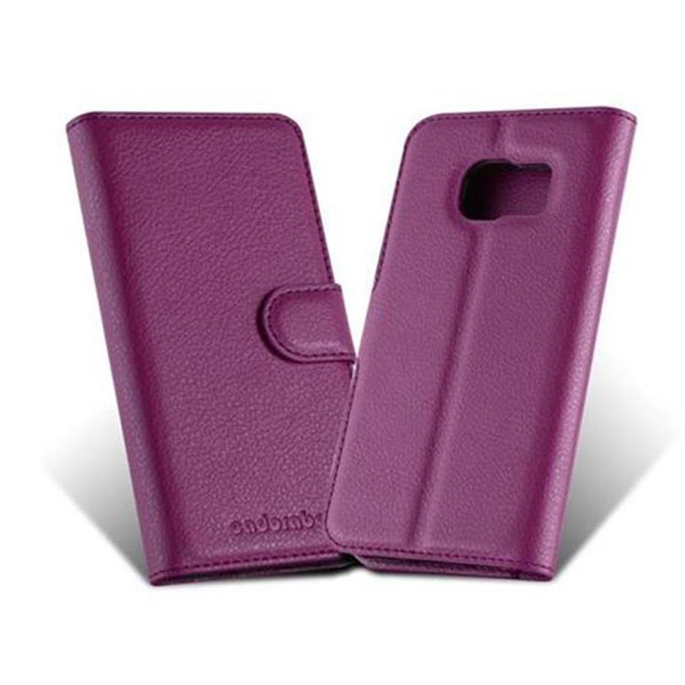 Due custodie per telefono viola, una aperta e una chiusa. Quella aperta ha un telefono all'interno.