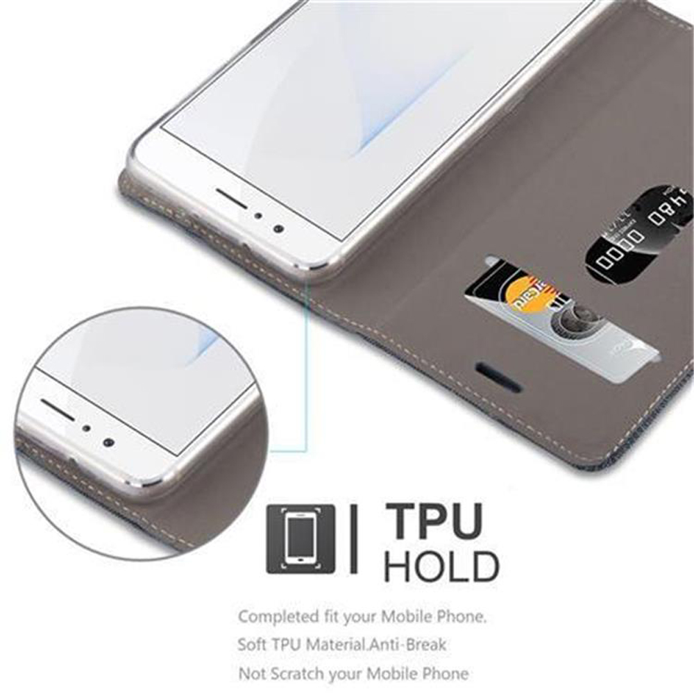 Telefono in custodia a portafoglio grigia con carta. Testo: TPU HOLD.