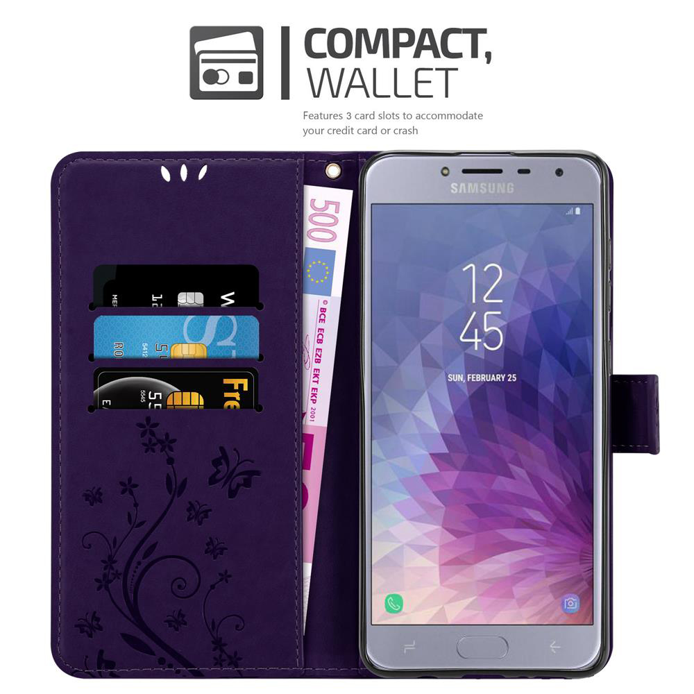 Portafoglio viola aperto con telefono, carte e denaro. Il telefono mostra un orologio digitale.