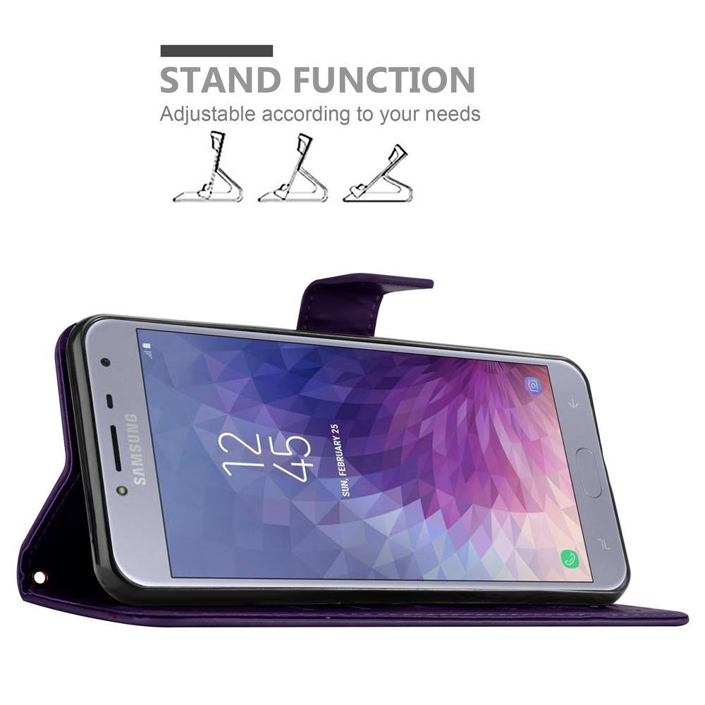 Custodia viola per telefono, con telefono dentro. La custodia è aperta e ha una funzione stand.