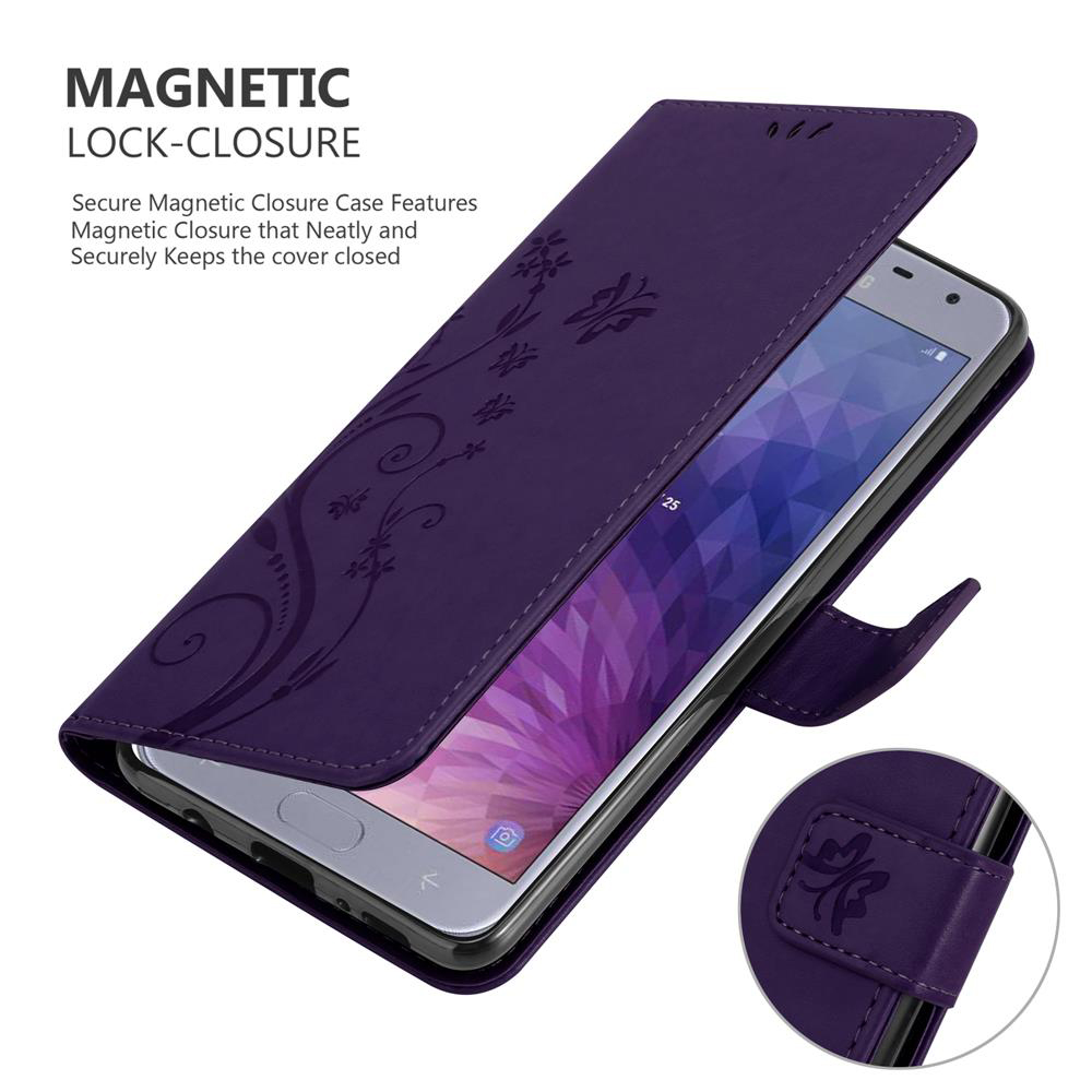 Custodia per telefono viola con telefono all'interno, che mostra un design floreale e una chiusura magnetica.