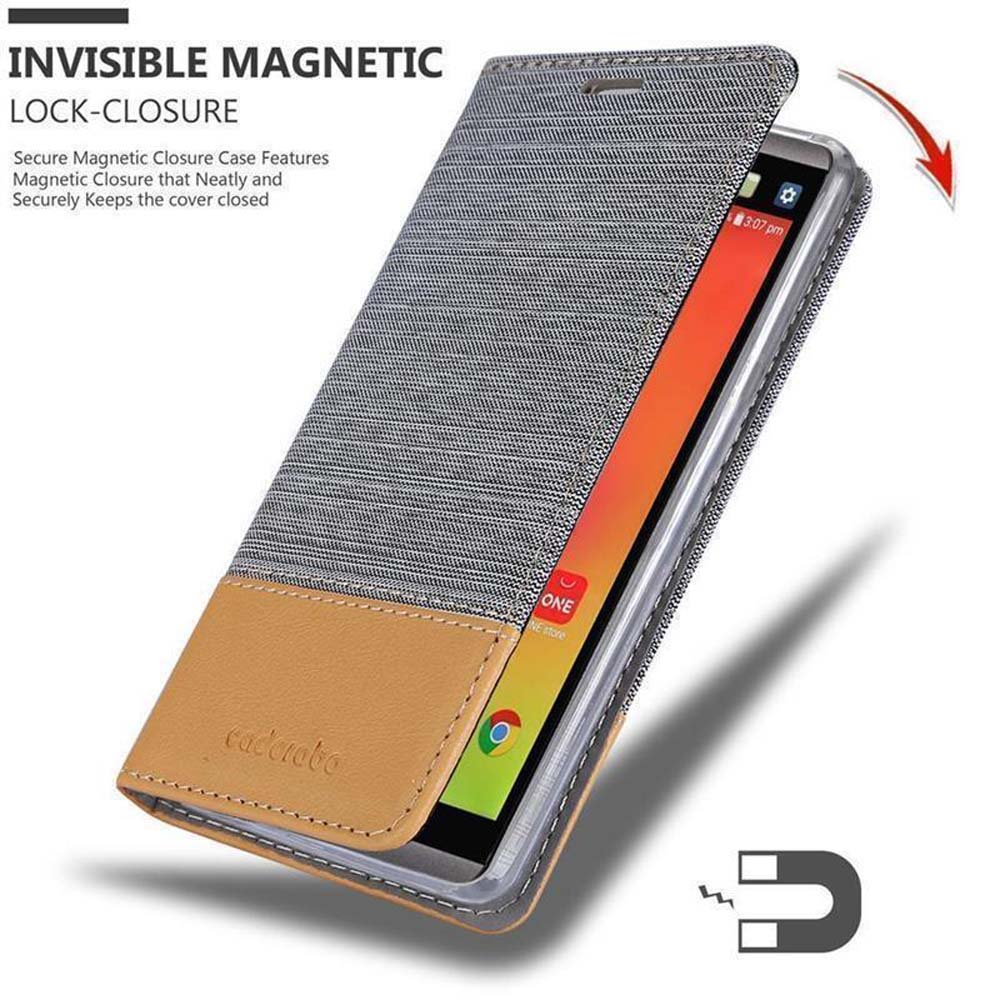 Custodia del telefono aperta, schermo arancione e copertura marrone e grigia, con icona di blocco magnetico.