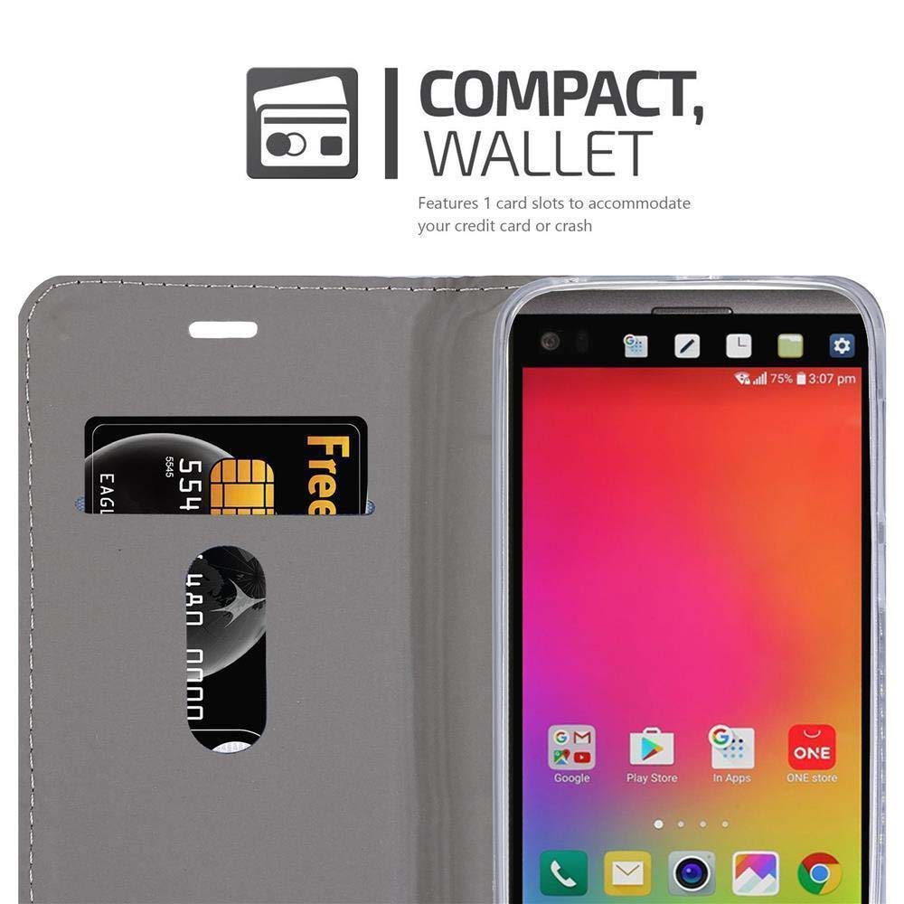 Telefono in custodia con funzione portafoglio, carta di credito visibile.